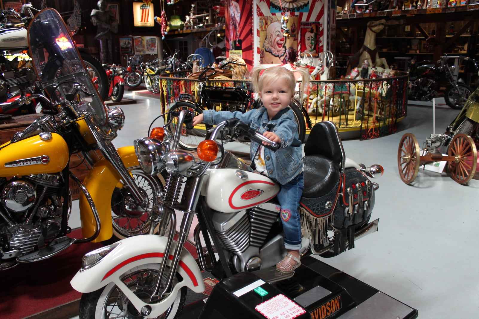 A child sits on a vintage motorcycle at Bill's Old Bike Barn in Columbia County, surrounded by antique bikes and playful decor, creating a family-friendly experience.