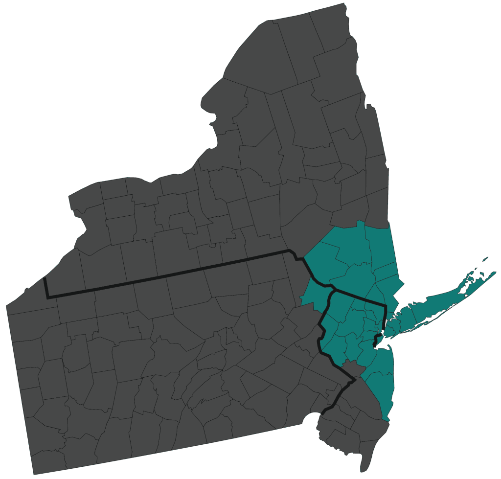 A map highlighting counties in southeastern New York, northern New Jersey, and parts of Connecticut that belong to the New York DMA. The designated counties are shaded in teal.