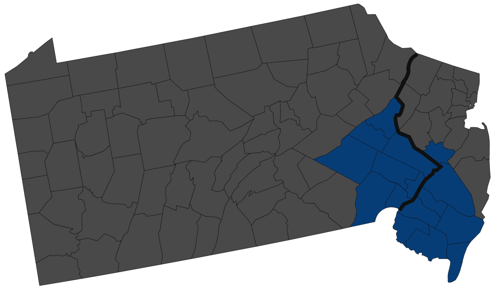 A map of Pennsylvania highlighting counties in the Philadelphia designated market area (DMA) in blue.