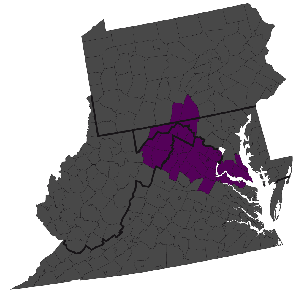 A regional map displaying the Washington-Hagerstown DMA, highlighting counties in Maryland, West Virginia, and Virginia in dark purple.