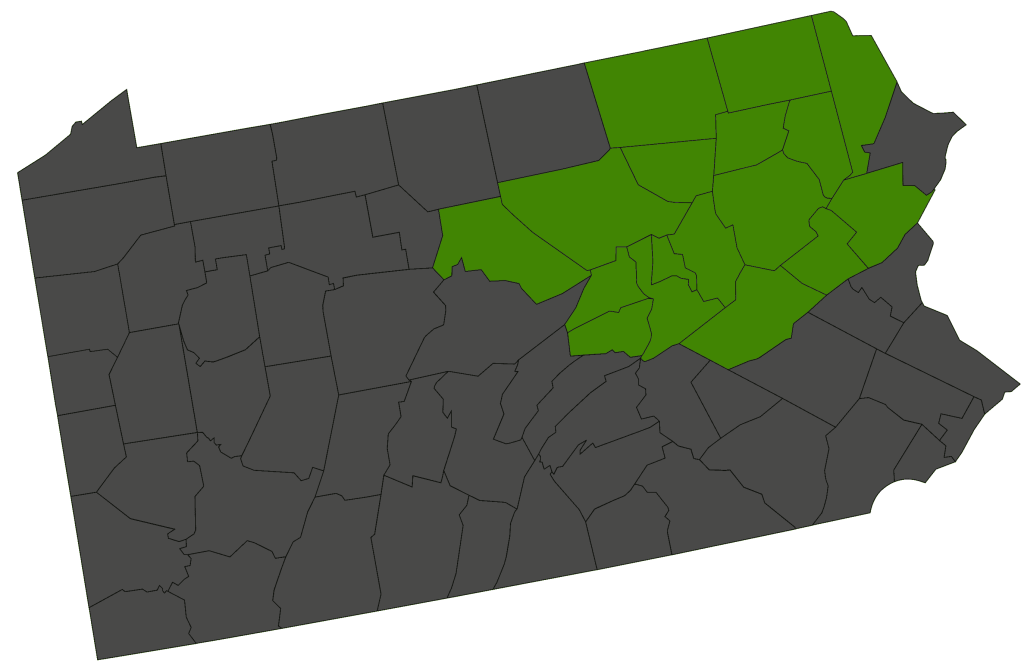 A regional map showing the Wilkes-Barre-Scranton-Hazleton DMA in northeastern Pennsylvania. The highlighted counties are marked in green, distinguishing them from the surrounding counties.