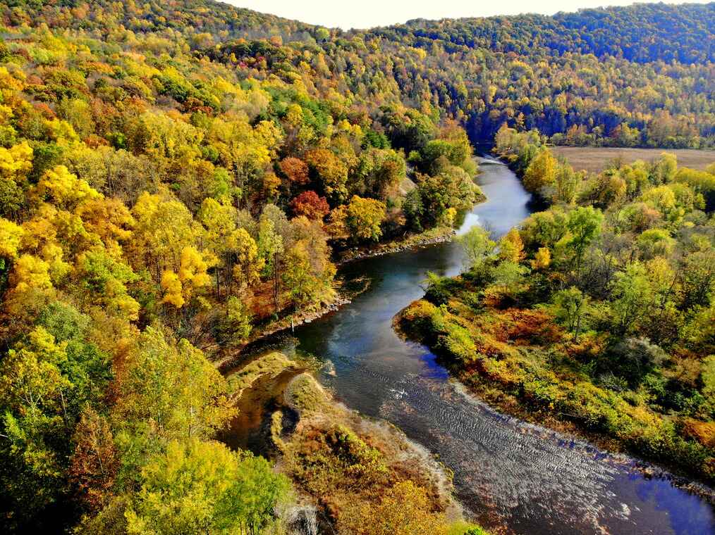 Colorful autumn trees along the Tunkhannock Creek winding through Wyoming County, PA.