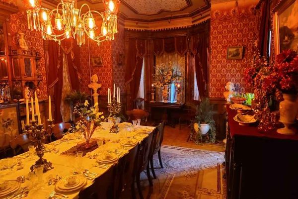 The ornate dining room of Jackson Mansion in Columbia County, showcasing elegant Victorian-era decor, a grand chandelier, and a table set for a formal gathering.