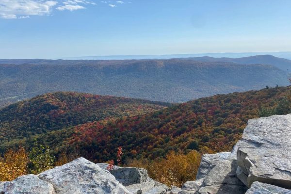 A scenic mountain overlook showcases rolling hills covered in vibrant autumn foliage under a clear blue sky in Fulton County.